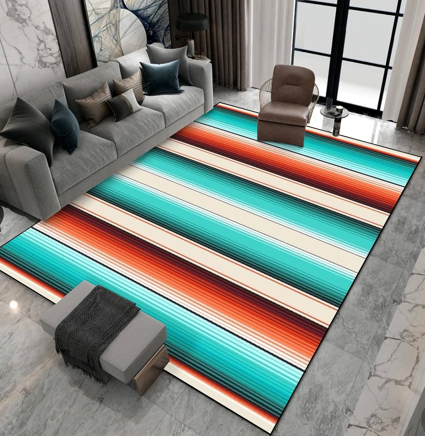 Navajo White Turquoise Orange Area Rugs, Mexican Blanket Serape Stripes