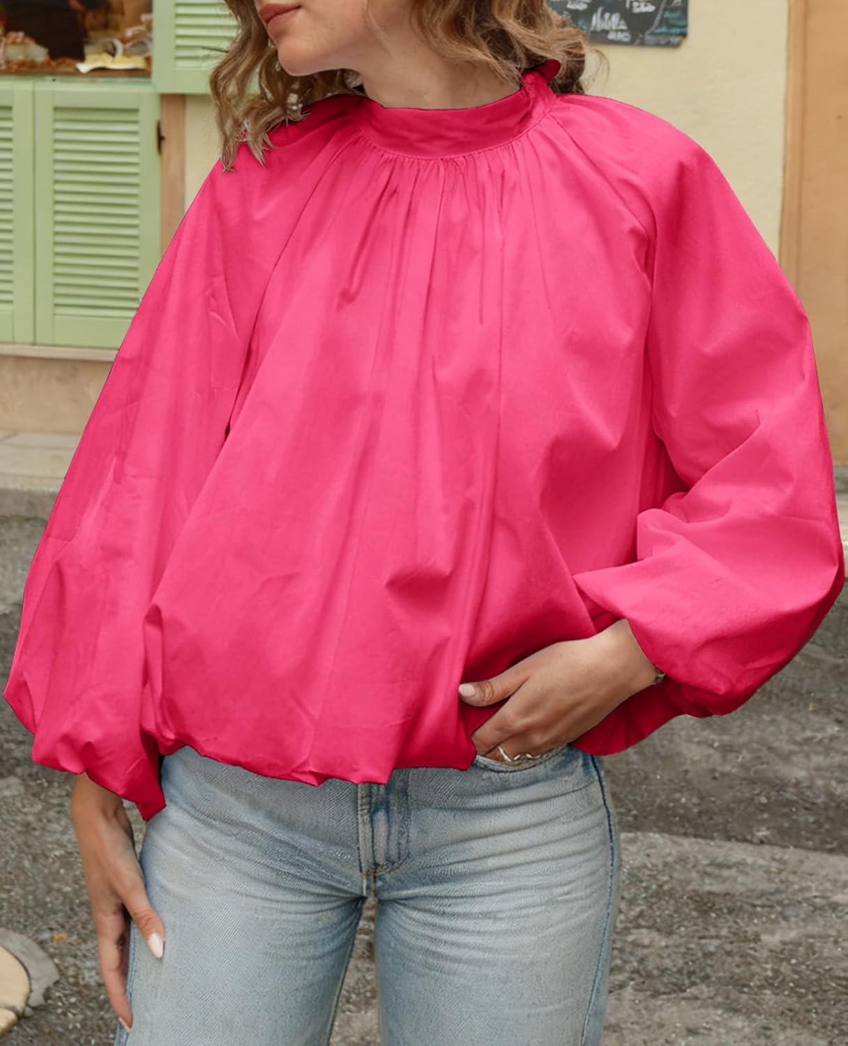 Tankaneo Womens Babydoll Tops Puff Long Sleeve Open Back Bow Tie Blouses Bubble Mock Neck Pleated Shirts - Image 6