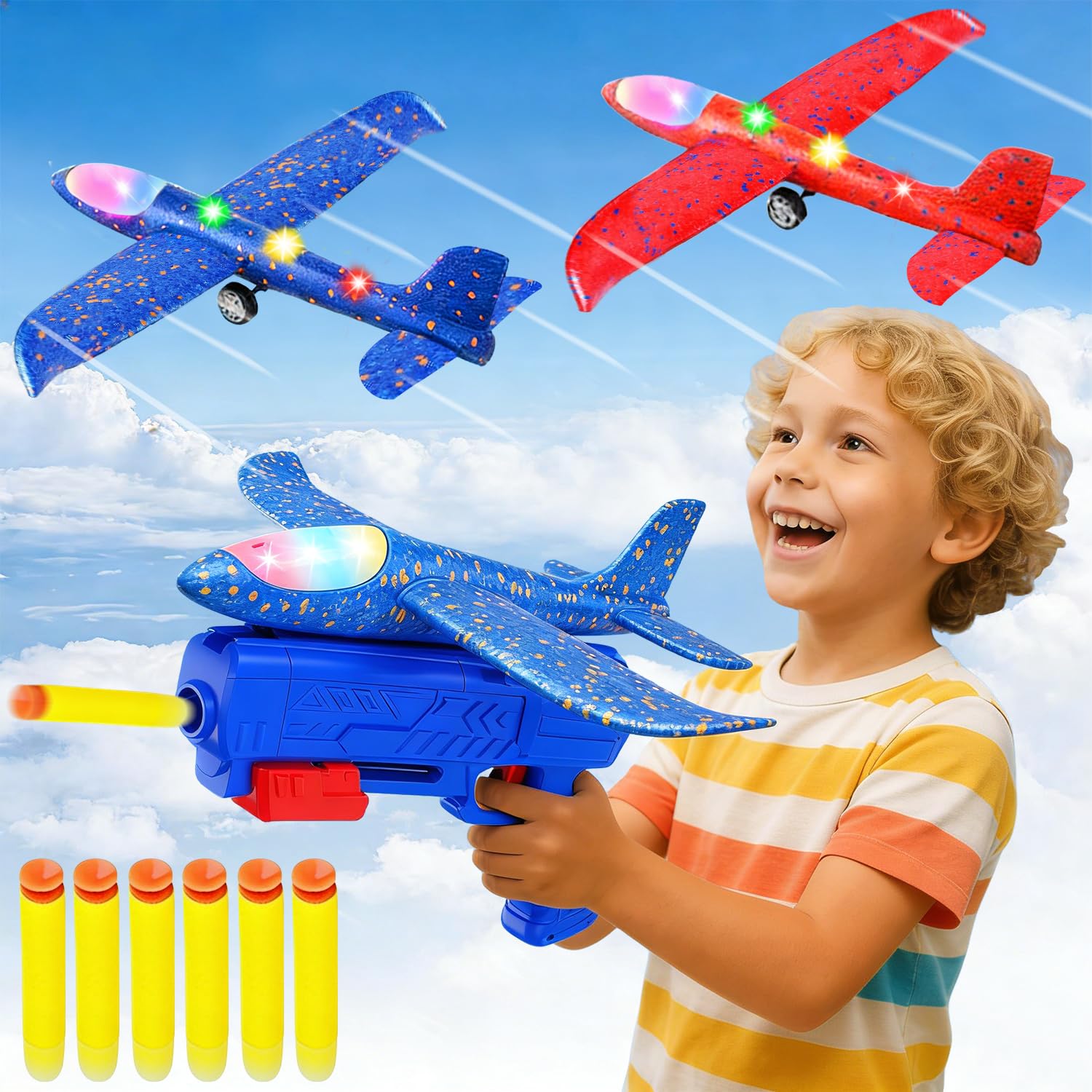 HATFRYF Airplane Launcher Toys, 2 Pack LED Throwing Glider Plane, Catapult Aeroplane Toy with Blue Gun Includes 6 Soft Darts, Outdoor Sport Flying Toy for Kid Age 6-12 Year Old Boy Fun Gifts — image 1