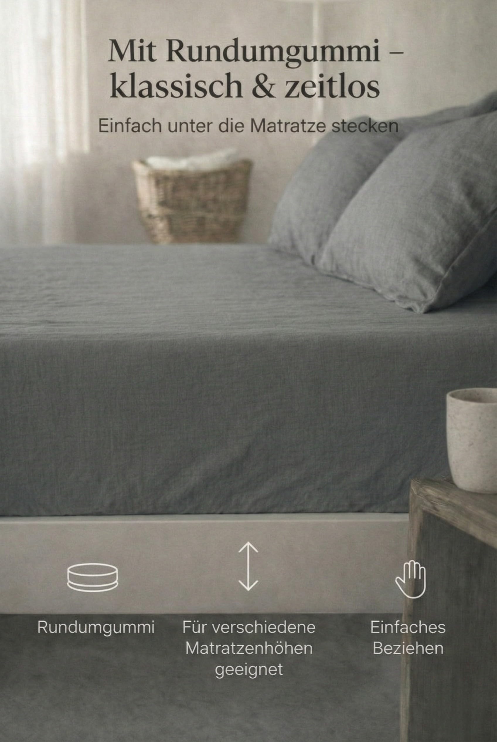 Leinen Spannbettlaken – 100% Stonewashed Leinen – Rundumgummi – Atmungsaktiv, Temperaturregulierend & Hautfreundlich – Ohne Kissenbezüge (Grau, 180 x 200 + 30 cm)