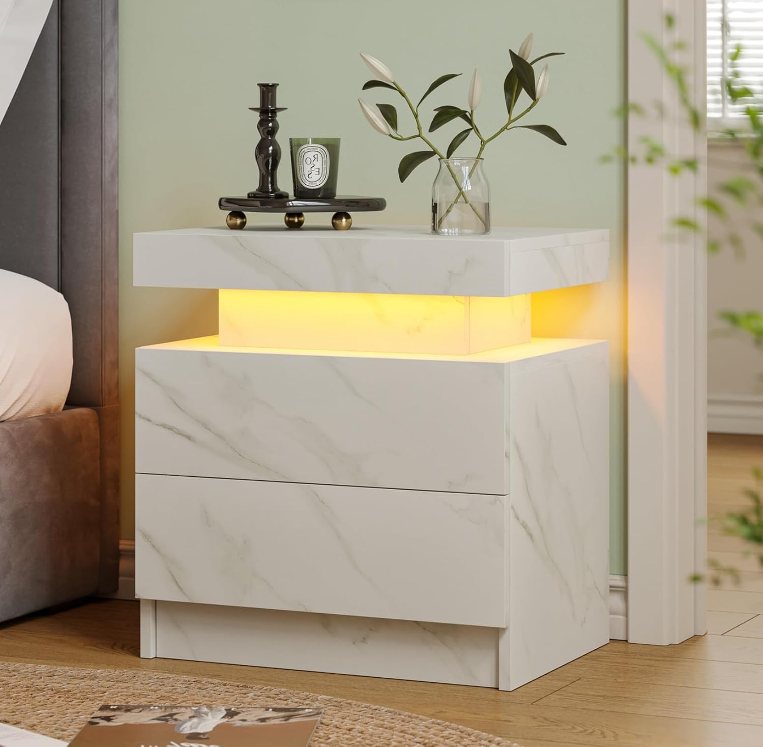White LED Nightstand Modern Night Stand for Bedroom Bedside Table with 2 Wood Drawers End Side Table