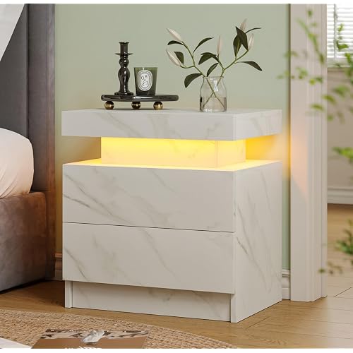 Modern White LED Nightstand for Bedroom Bedside Table with 2 Wood Drawers