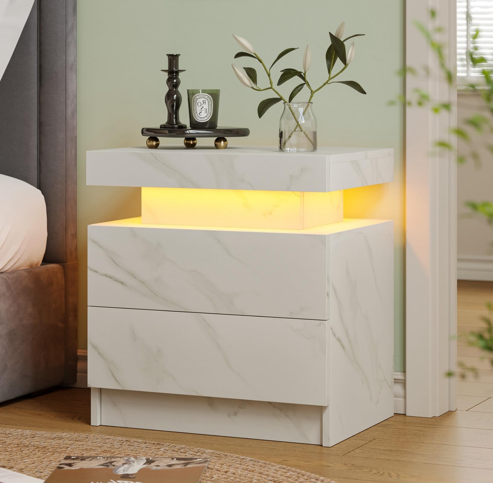 White Nightstand Modern End Tables for Bedroom Nightstand with Led Lights Side Table for Bedroom with Drawer White