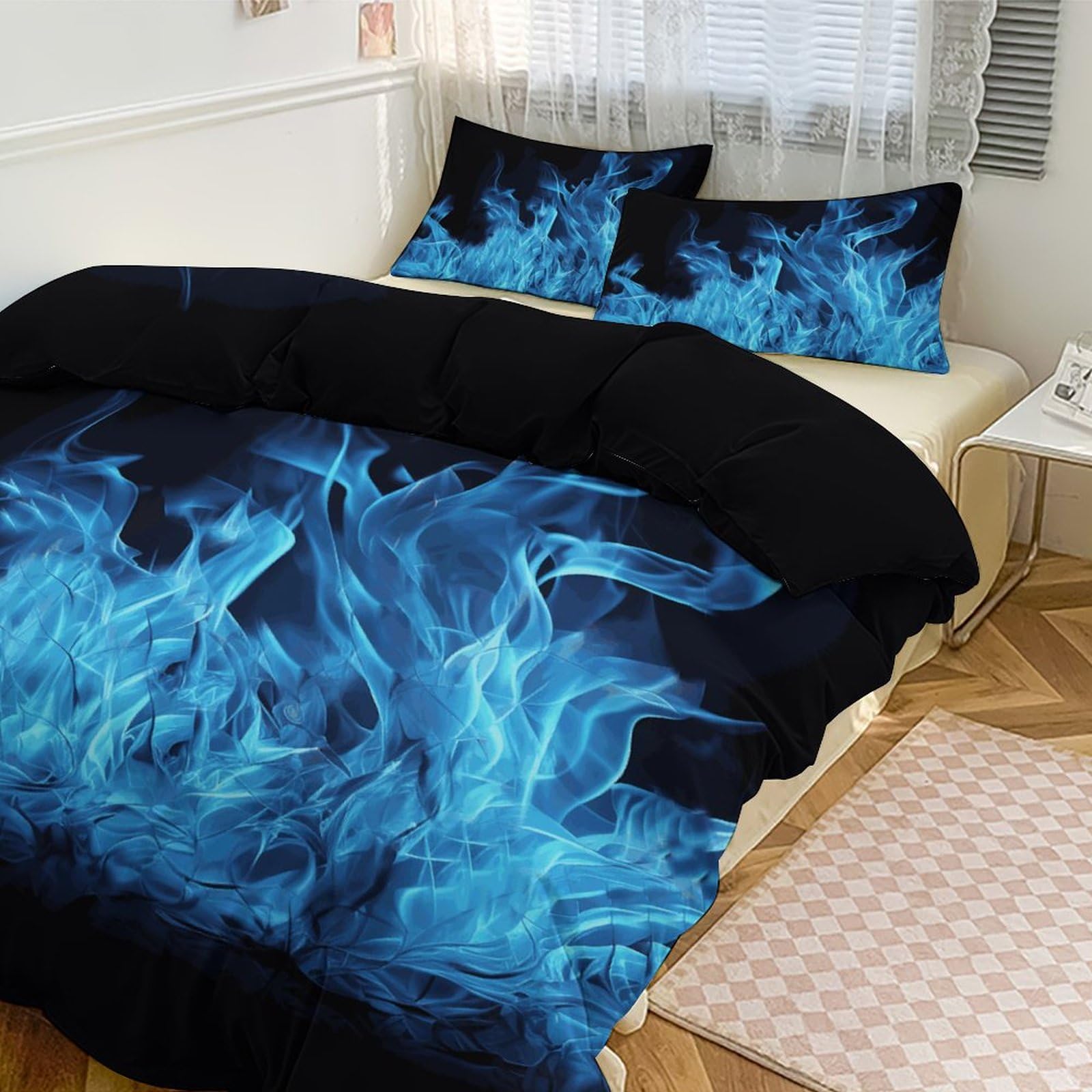 Parure de lit 3 pièces épaisse imprimé flammes bleues au tissu ultra résistant