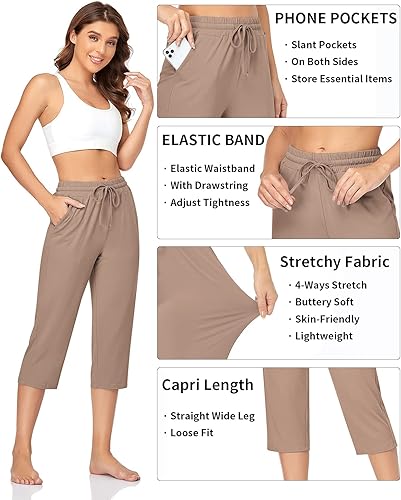 Vista 3 de TARSE Pantalones capri de yoga para mujer, holgados, suaves, con cordón, pantalones de entrenamiento casuales con bolsillos
