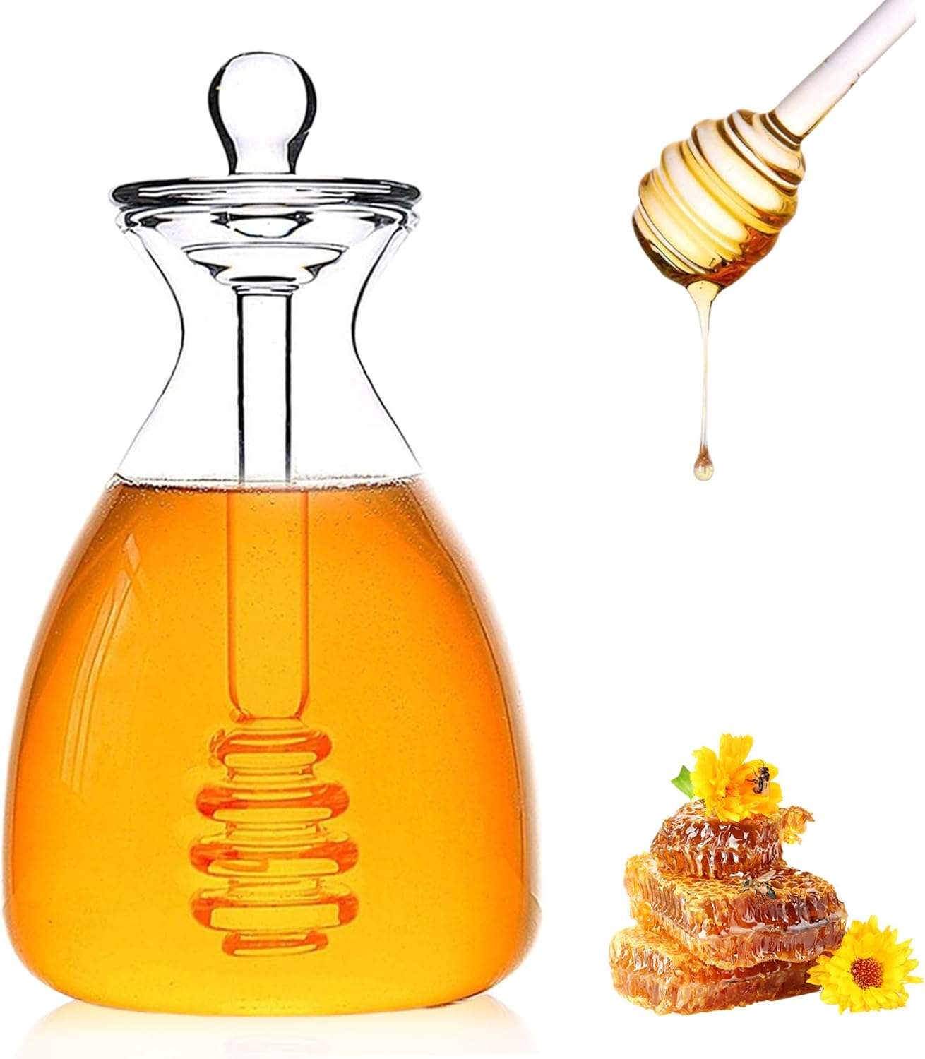 Glass Honey Dispenser Portable Clear Honey Pot and Drizzler Glass Jar with Dipper and Lid Creative Bottle Container Home Kitchen Accessories.