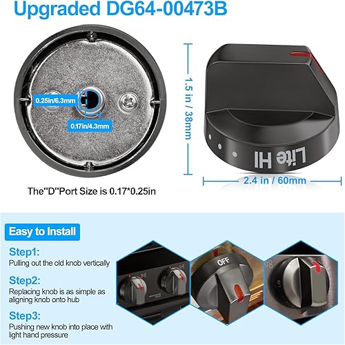 Miniatura 4 de Actualizado DG64-00473B Perillas de estufa de acero inoxidable negro compatibles con estufa de horno de gas Samsung, perilla de control de quemador