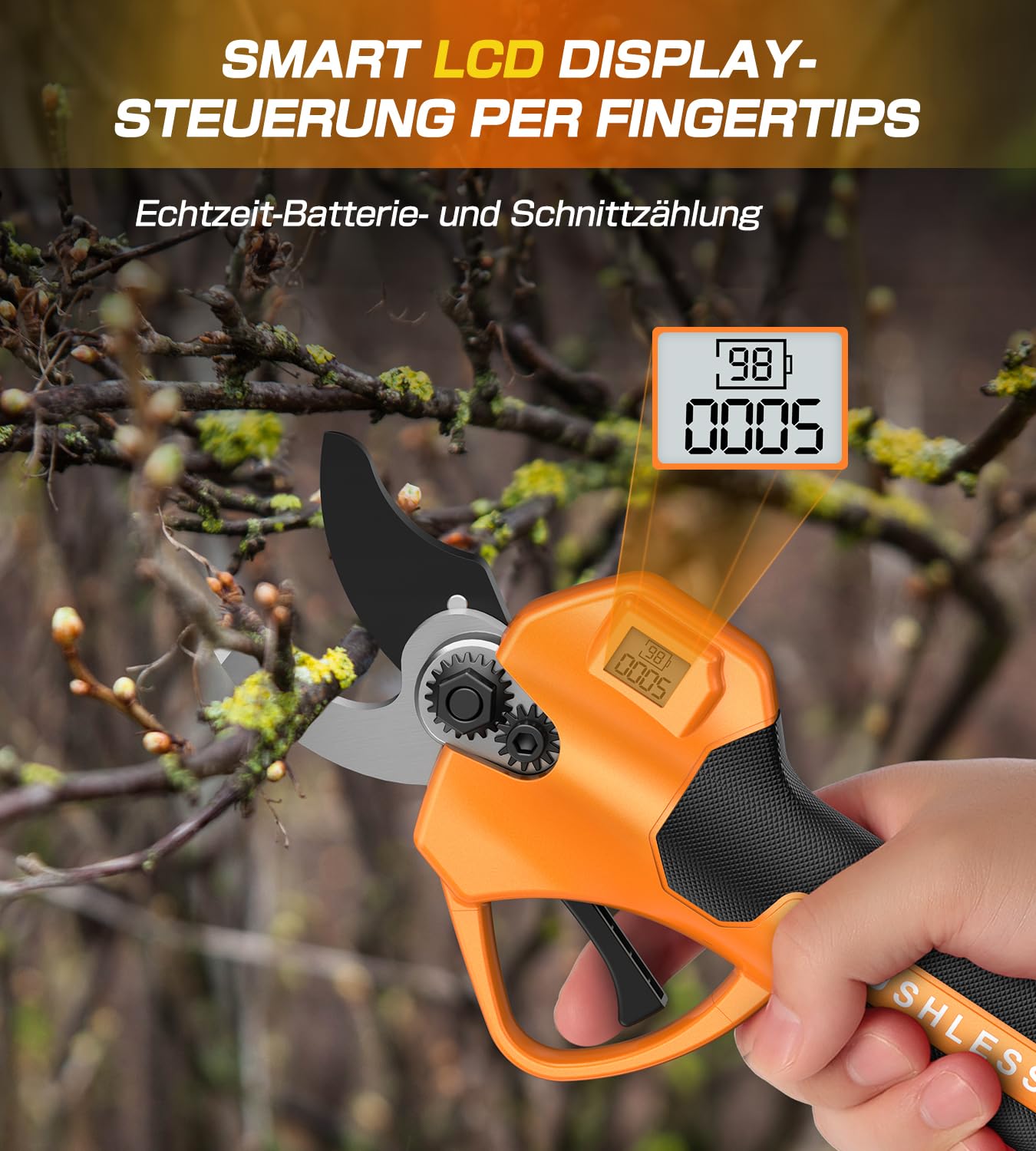 Akku Astschere,35 mm Elektrische Gartenschere für Makita mit LCD-Display&SK7 Klingen,1000W Bürstenloser Motor,Akku Gartenschere mit 2000 mAh * 2 Wiederaufladbaren Batterien für Gartenbaumscherenzweige