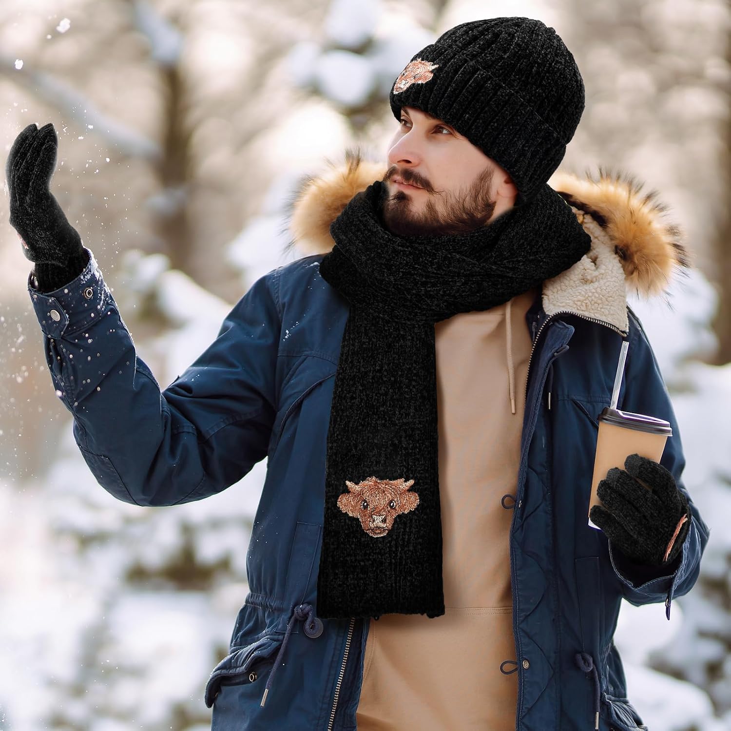 Jecery Winter Knit Hat Warm Beanie Long Scarf Touch Screen Gloves Set Knit Long Neck Scarves Skull Cap Gloves for Women Men