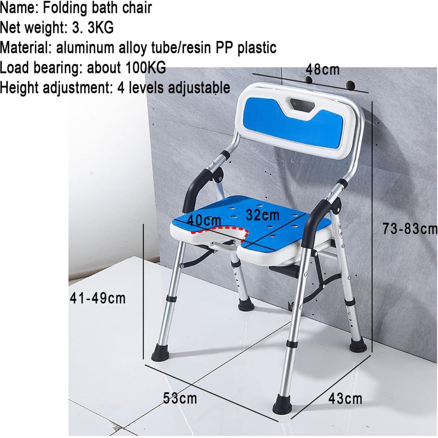 Silla de Ducha Plegable Antideslizante, con Brazos y Respaldo extraíble, Asiento de Ducha Regulable en Altura, para Personas Mayores, discapacitadas y Embarazadas