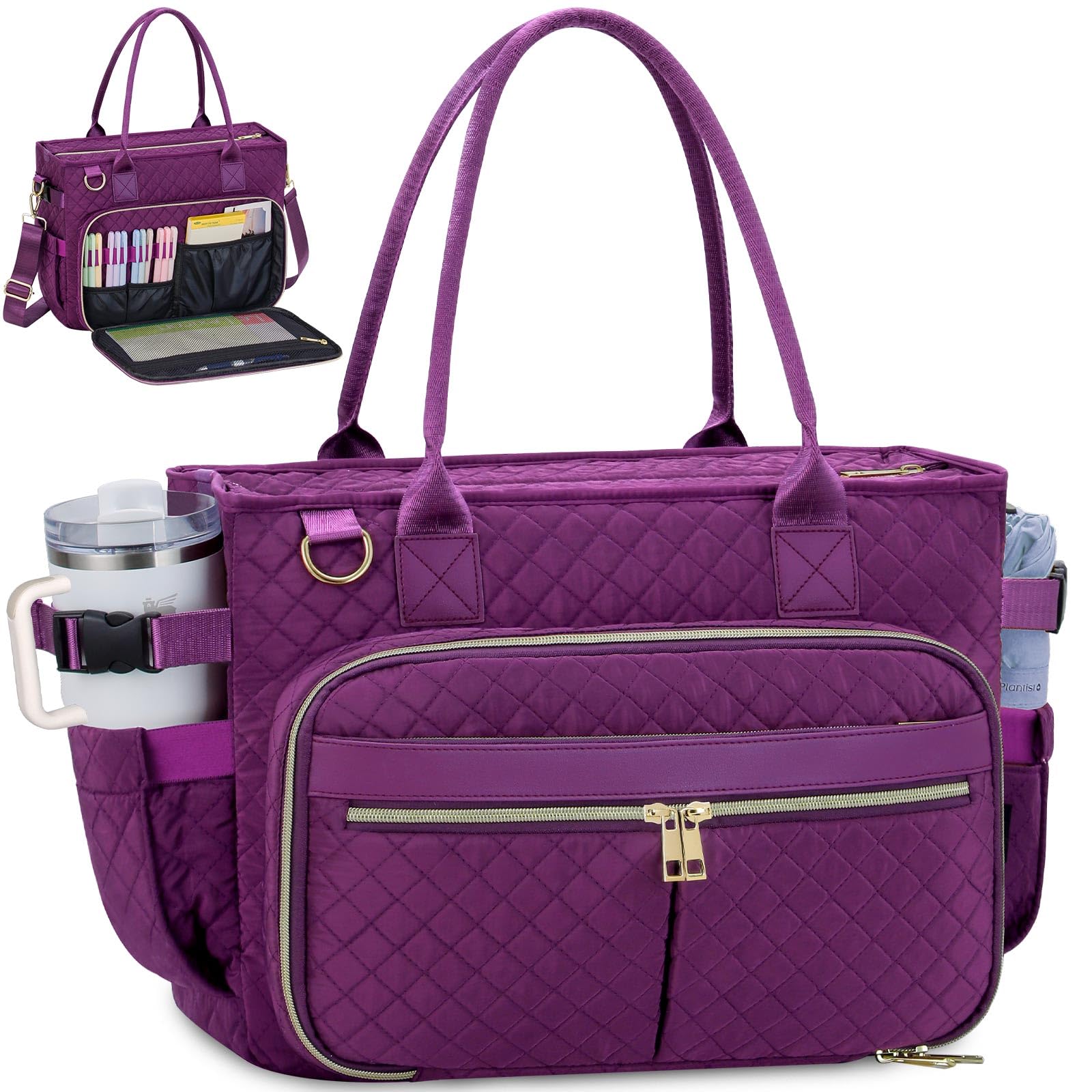 FIORETTO Teacher Tote Bag for Women with Laptop Compartment, Large Cup Holder, Zip Closure, Ideal for Work, Bible, Nurse 17.3 inch Grape