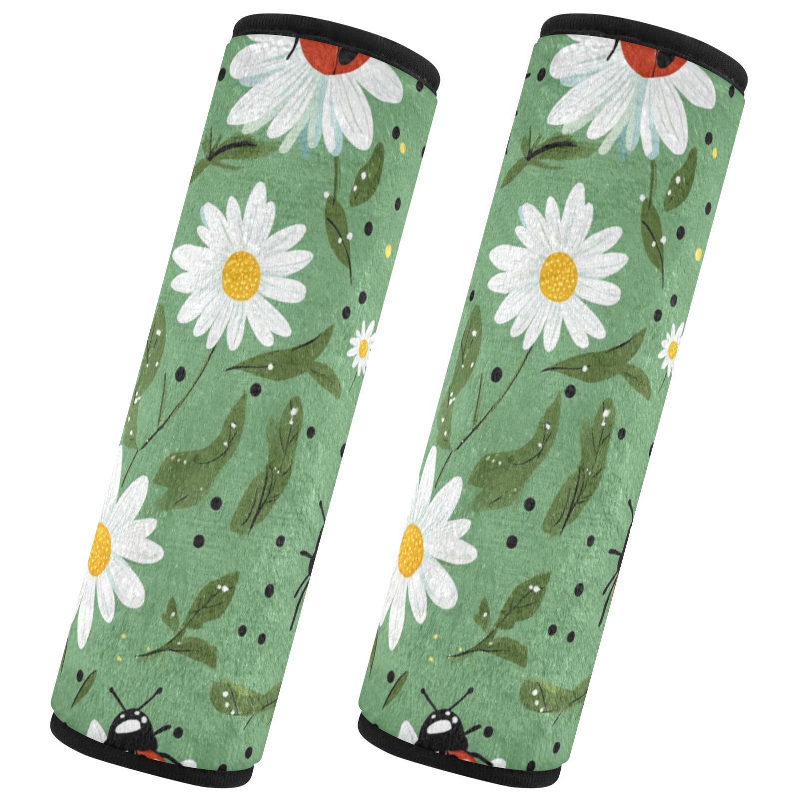 Seat Belt Covers 2 Pack Ladybugs Daisies Green Car Seat Strap Covers Super Soft Car Seat Neck Cover for Boys Girls Adults Babies S