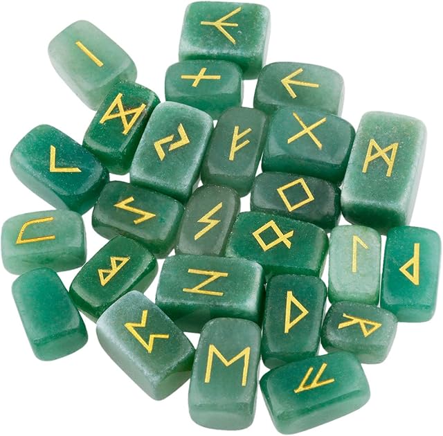mookaitedecor Green Aventurine Runes Stones Set (25 Pieces), Tumbled Gemstone with Carved Rune Words for Fortune Telling, Crystal Healing Reiki