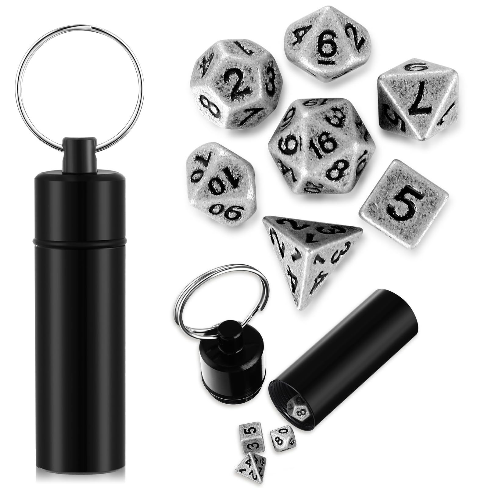 Syhood 7 Pcs Mini Dice Set Tiny Small Metal Dice Set with Dice Case Portable Polyhedral Dice Keychain Antique Mini Dice for Role Playing Table Board Game Gift Backpack Decoration (Pearl Silver)