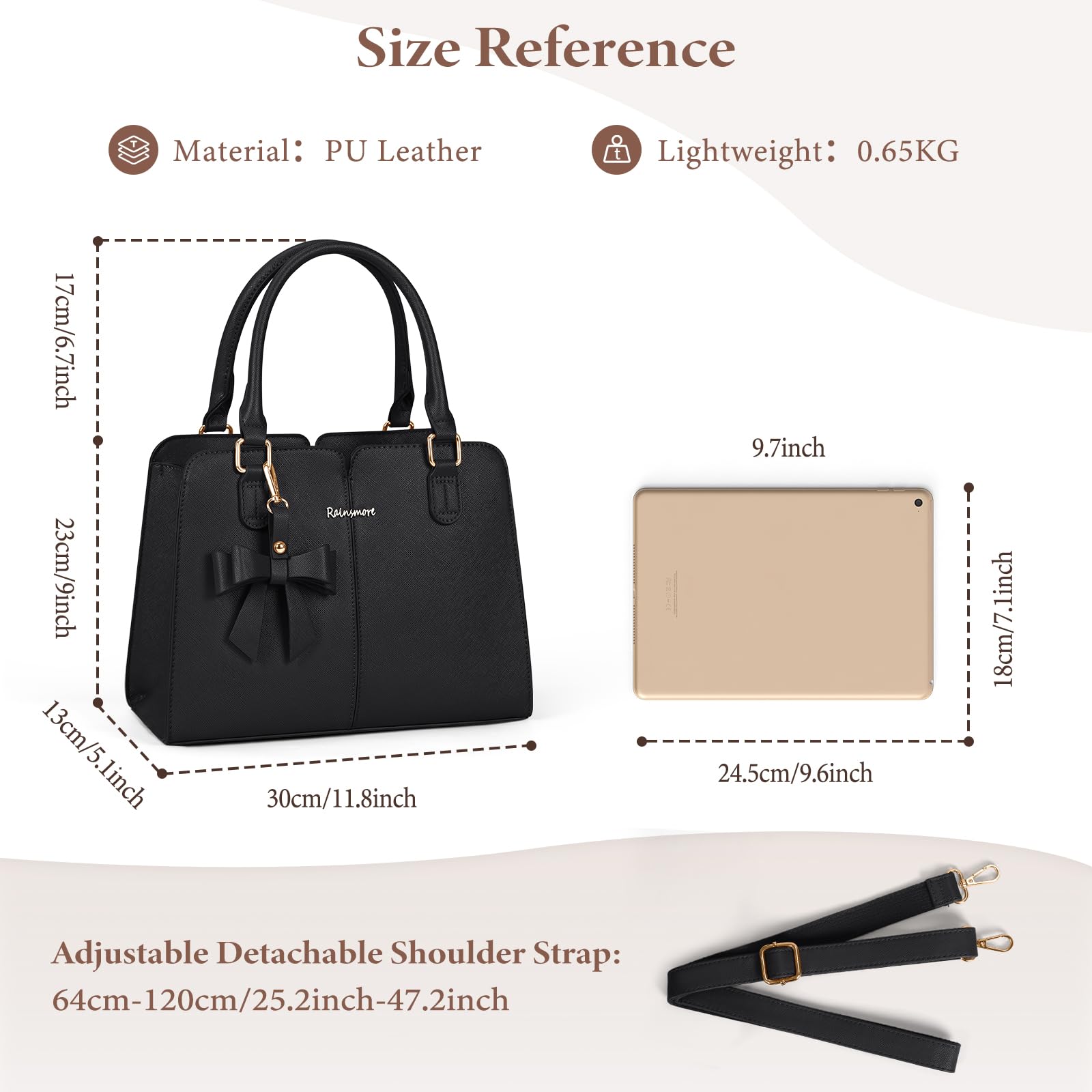 RAINSMORE Bolsos Mujer de Mano Cuero PU Impermeables Bolso Bandolera con Bolsillo Antirrobo Bolso de Hombro Universidad Tote Bag con Arco para Trabajo Compras Escuela