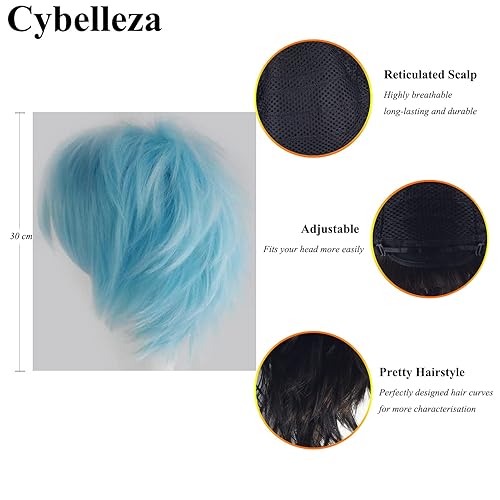 Miniatura 10 de Peluca de cosplay de anime, pelucas cortas azules para mujereshombres, peluca sintética rizada y recta, peluca de disfraces de Halloween, peluca de