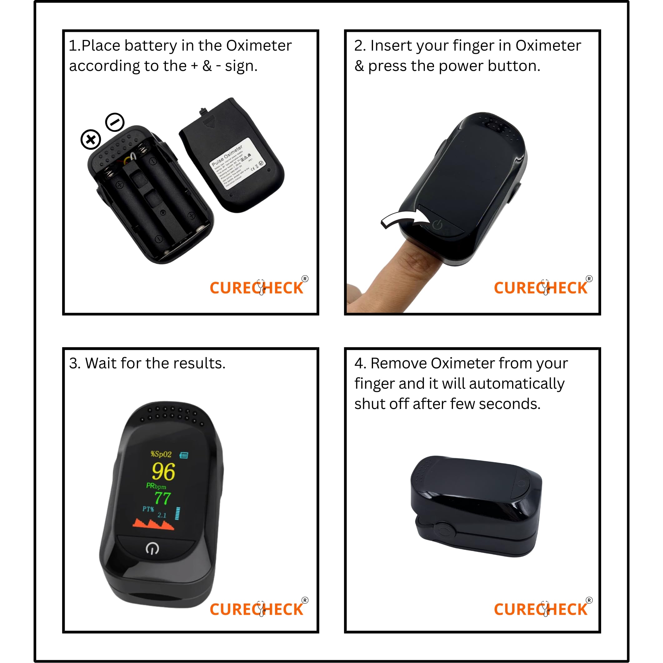 CURECHECK Premium Fingertip Pulse Oximeter | Blood Oxygen Saturation Monitor Fingertip, SpO2 Fingertip Monitor | With Battery (Black) - Image 3 thumbnail