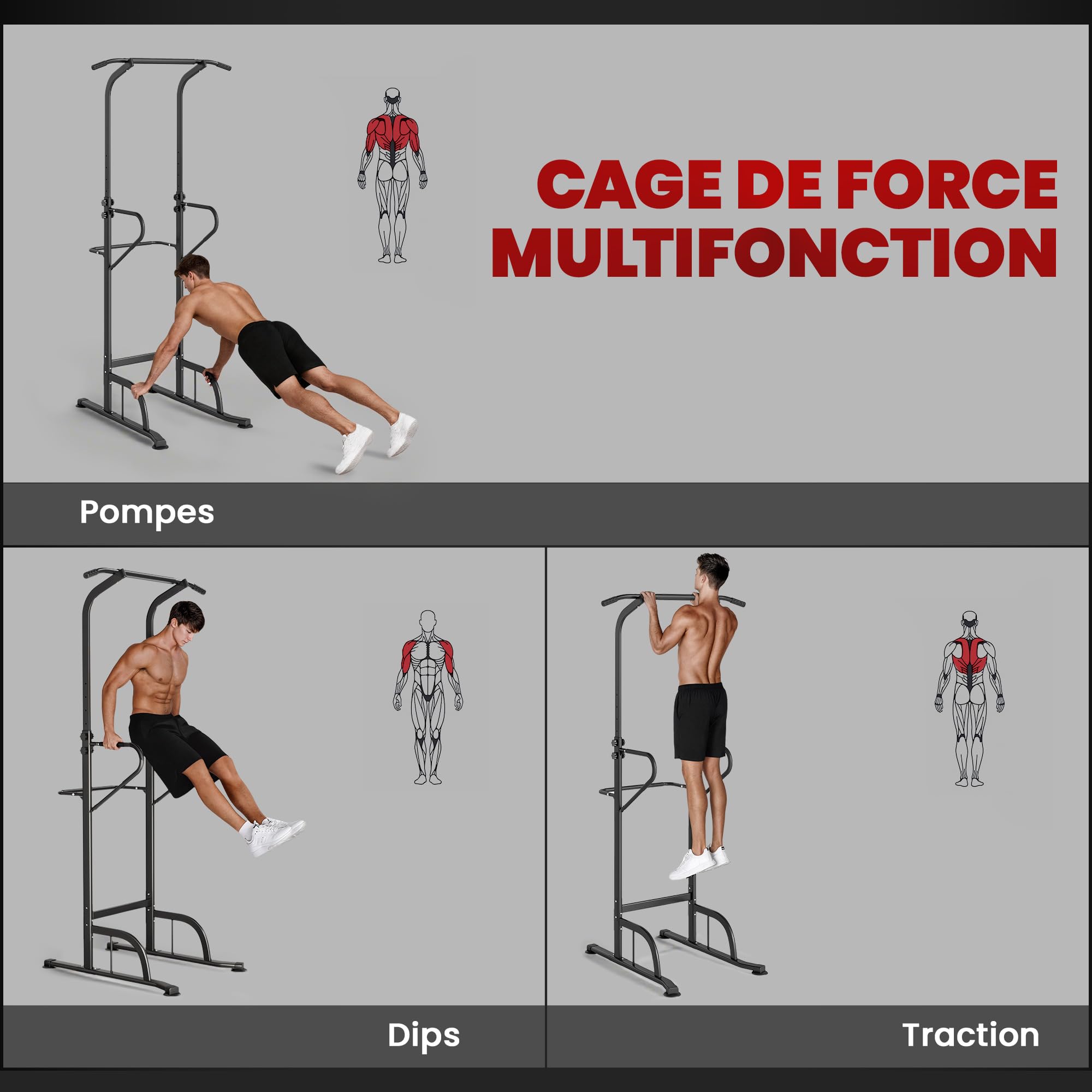HOMCOM Station de Musculation Multifonctions Barre de Traction Chaise Romaine Hauteur réglable Acier Noir Rouge
