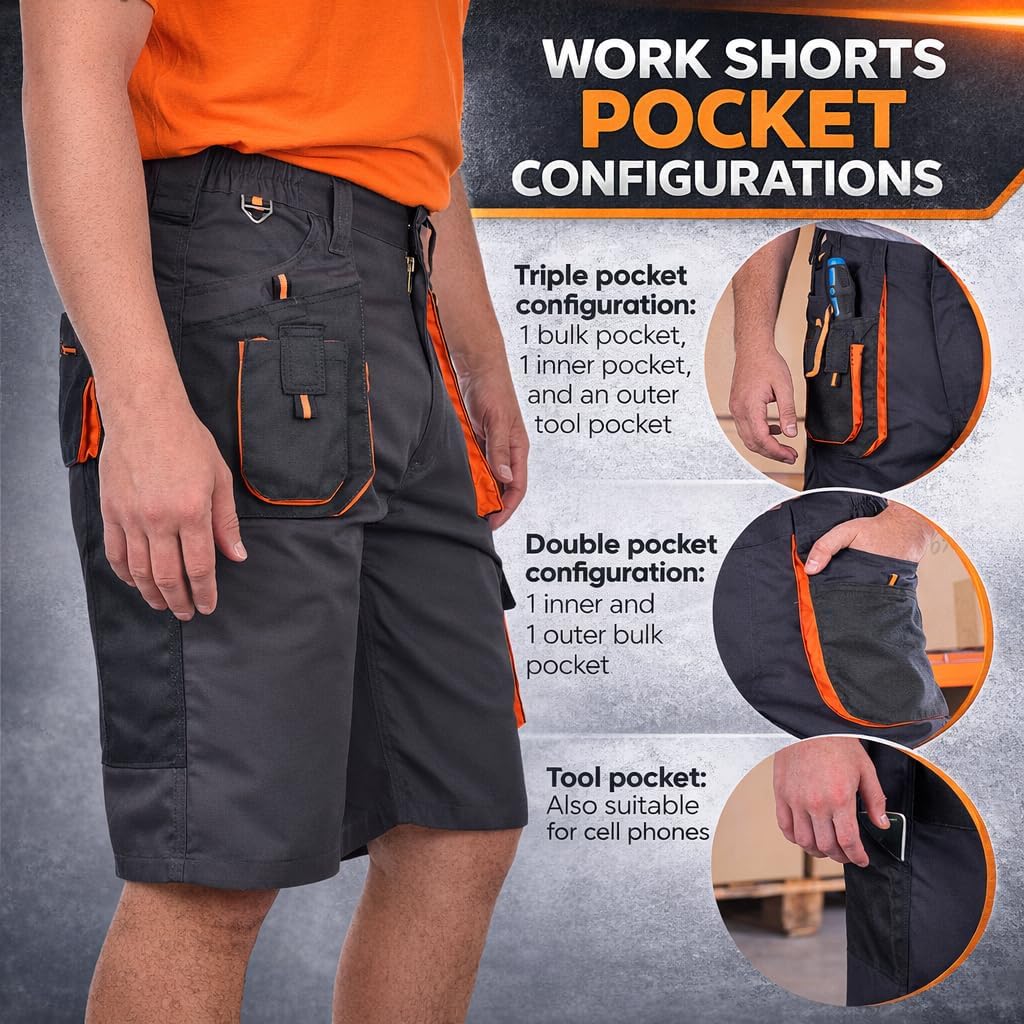 BWOLF Atlas – Short de Travail Homme Robuste avec Poches Multiples | Tissu Renforcé 600D | Gris/Orange