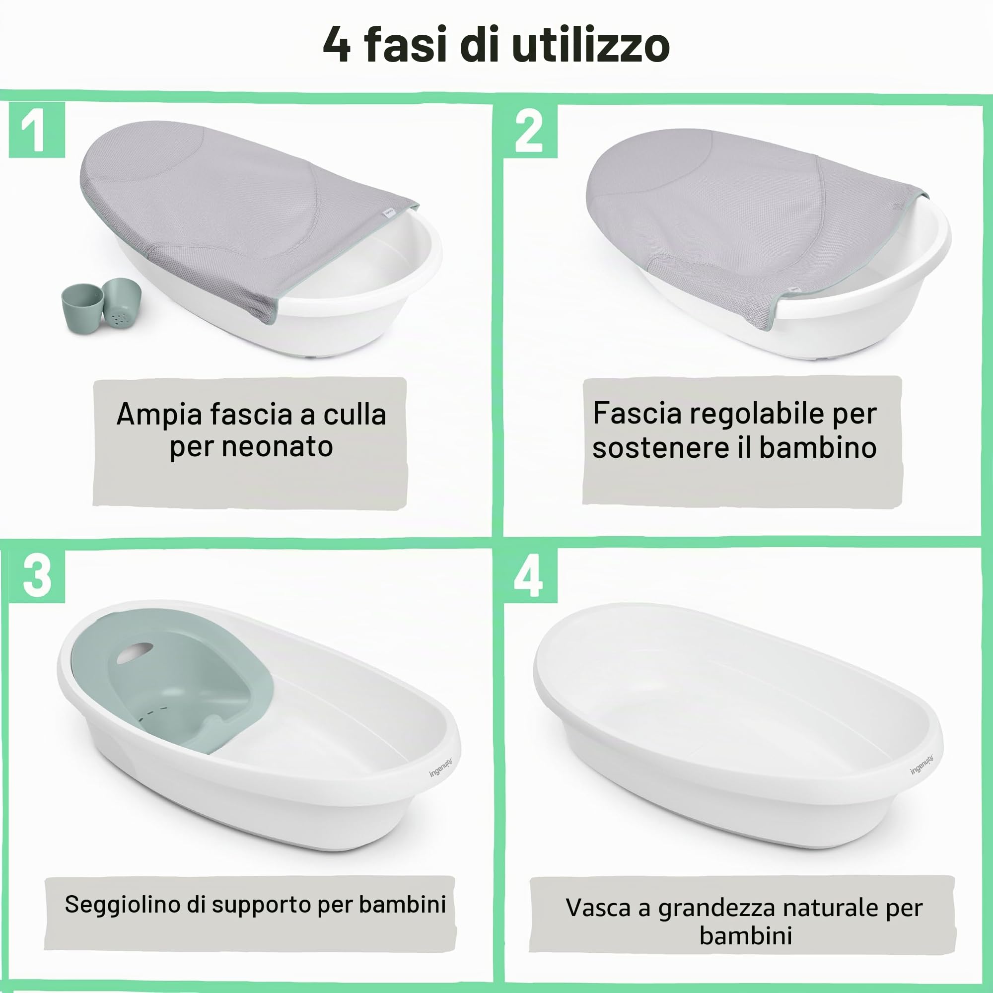 Ingenuity 4-in-1 Vaschetta Bagnetto Neonato per Bambini, con Amaca Regolabile, Seduta di Supporto, 2 Bicchieri per il Risciacquo, 4 Modalità d'Uso, 0-24 Mesi