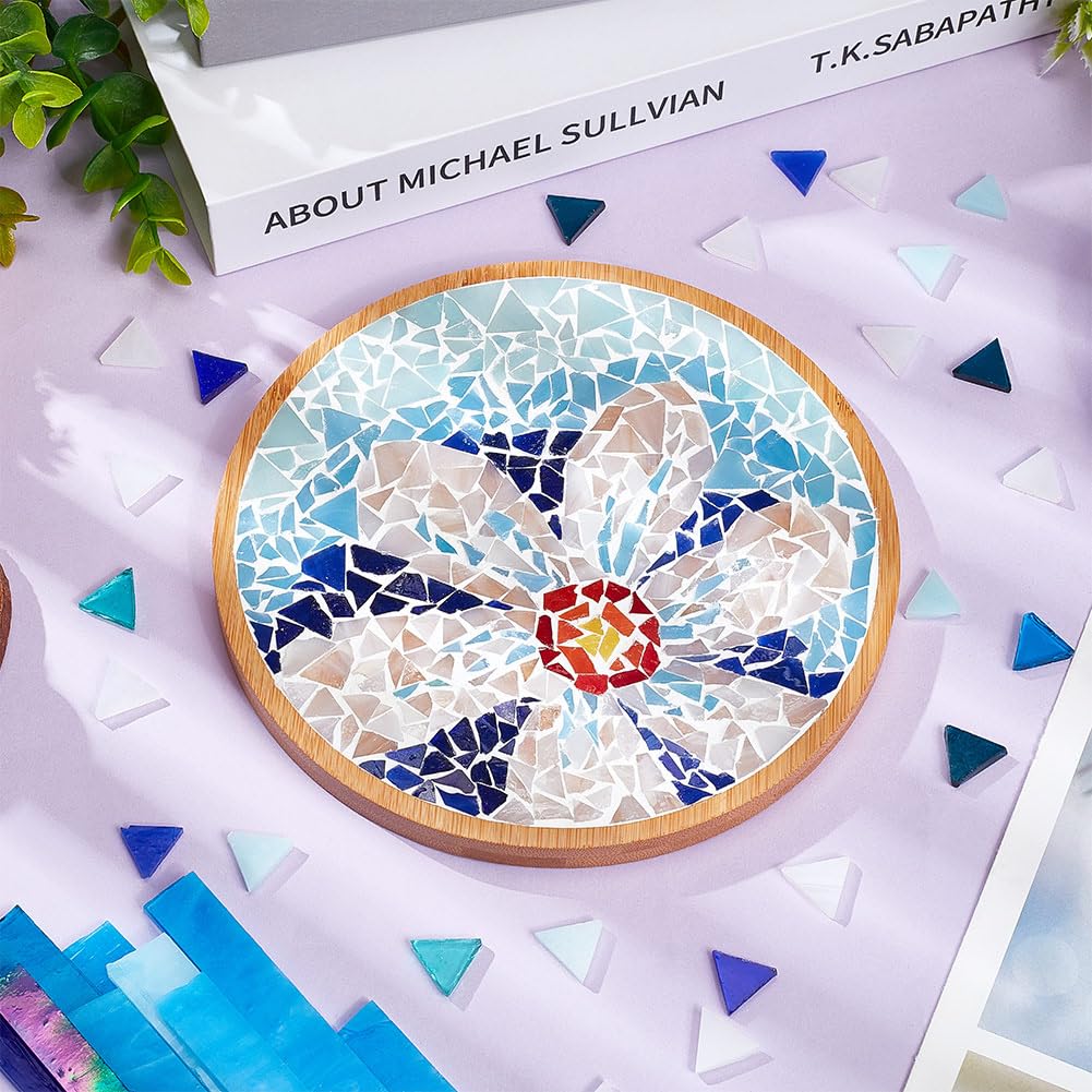 WEBEEDY Kit Fai da Te per Mosaico con Sottobicchieri in Bambù - per Adulti e Principianti, Piastrelle in Vetro Stile Blu con Base Rotonda per Sottobicchiere Fatto a Mano