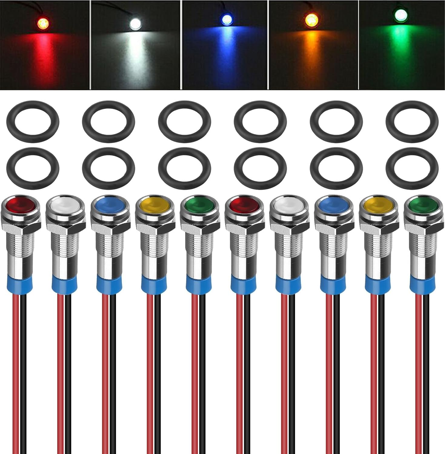 10 luci di controllo a LED da 6 mm, in metallo, 12 V, 24 V, impermeabili IP66, con cavo, per auto, barca, camion, cruscotto, set di 5 colori (rosso/verde/giallo/blu/bianco)