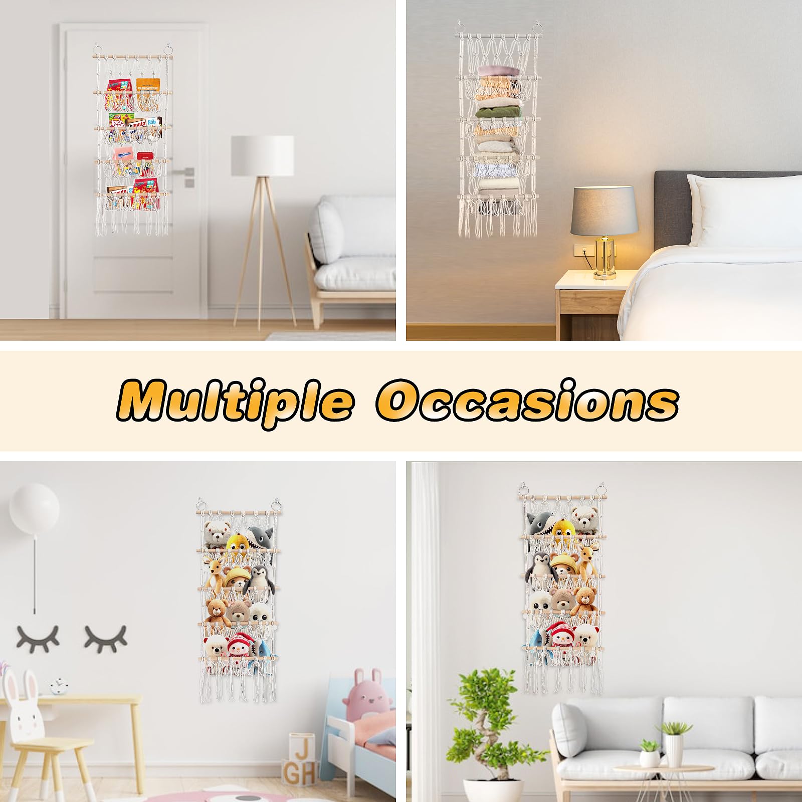 Porta Peluches Salvaspazio, Stile BohéMien 4 Strati Stuffed Animal Storage Con Ganci Per Unghie Senza Soluzione Di Continuità E Clip In Legno Porta Pupazzi Per Cameretta Dei Bambini (Tessuto a Mano)