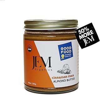 JEM Organics Cinnamon Maca Sprouted Almond Nut Butter, Organic, All Natural, Gluten-Free, Vegan, Paleo, Keto Snack, 10 oz Jar, Single Pack