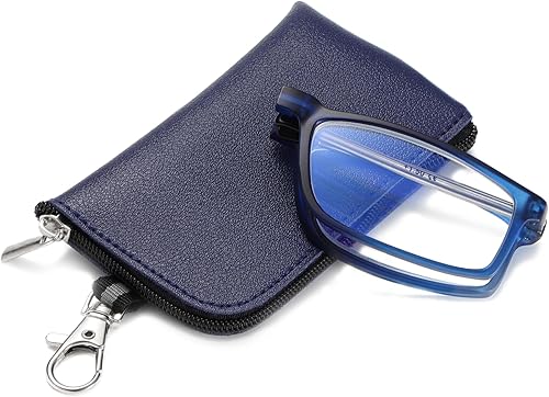 Viseng Gafas de lectura plegables con luz anti-azul para hombres y mujeres con varilla telescópica portátil moda ultra ligera funda de cuero +3.0