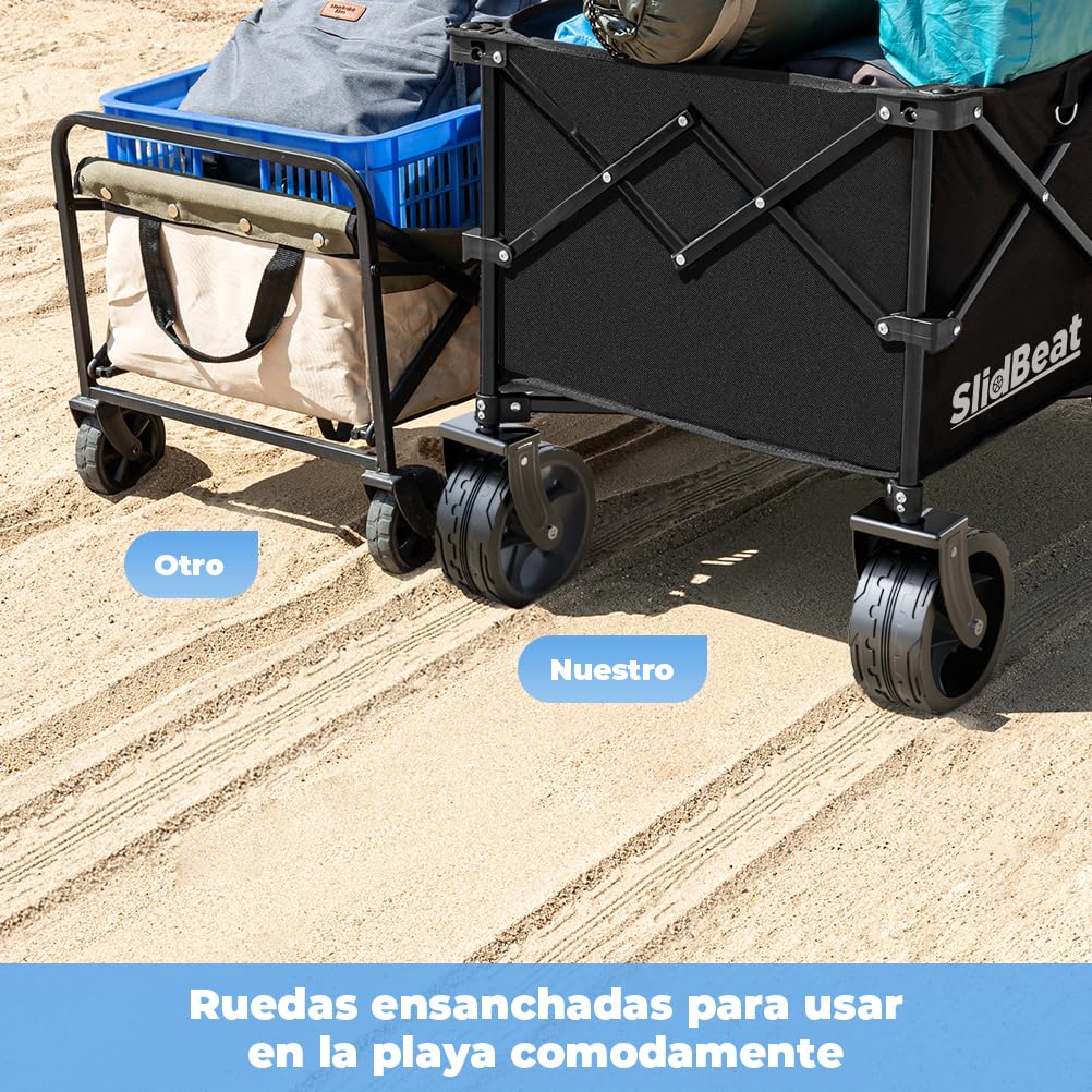 SLIDBEAT Carro de Playa XXL – 220L y 200KG de Capacidad, Carro Plegable con Ruedas Grandes Todo Terreno y Mango Auto-rebotante, Ideal para la Playa, Jardín o Camping, con Frenos de Seguridad