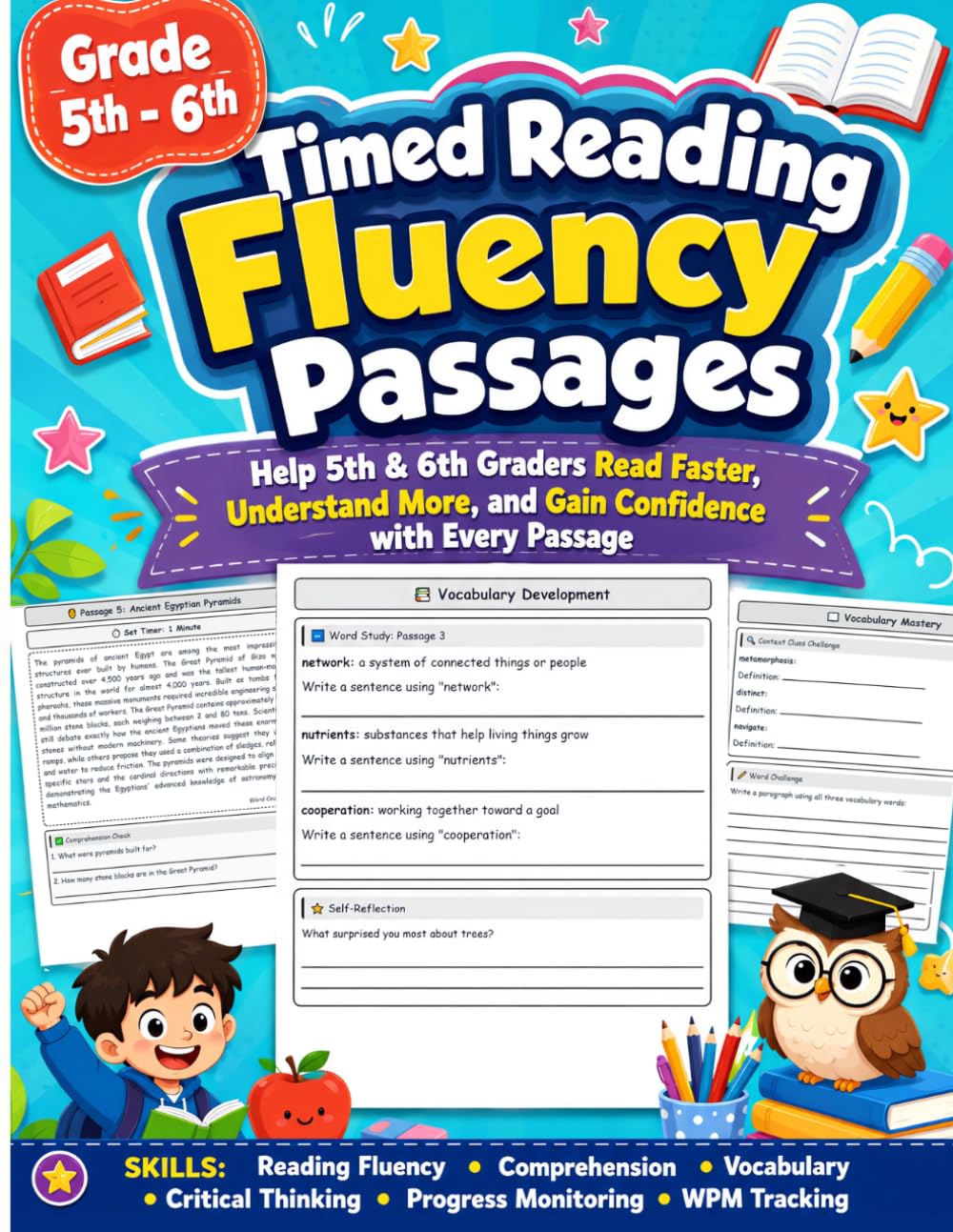 Timed Reading Fluency Passages 5th - 6th Grade: Reading Fluency Workbook for Kids Ages 10-12 with One Minute Reading Passages, Comprehension Questions, WPM Tracking, Vocabulary & Progress Monitoring
