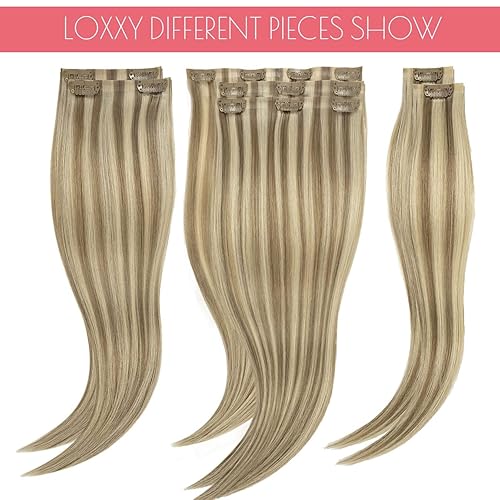 Miniatura 7 de Loxxy Extensiones de cabello humano sin costuras con clip, de 22 pulgadas, color marrón ceniza claro mezclado con rubio platino, extensiones de