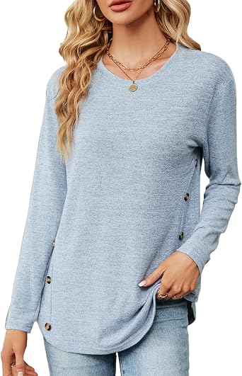 Loose Long Sleeve Shirts Crew Neck Tops for Women Button Side Curved Hem Blouses