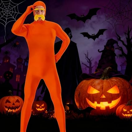 Generisch unisex greenscreen pak voor dames en heren; Lorax kostuum; Halloween en carnaval; volledige bodyslimkostuum; Slenderman kostuum; oranje bodysuit; open gezicht; cosplay jumpsuit, M