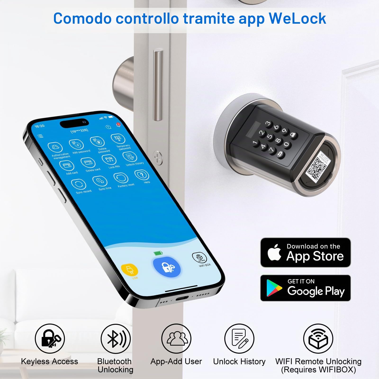WELOCK Serratura Elettronica per Porta D'ingresso con Codice pin, Serratura Elettronica Impermeabile per Porta con Bluetooth e app, Adatta per Porte di Spessore Compreso tra 50 e 100 mm