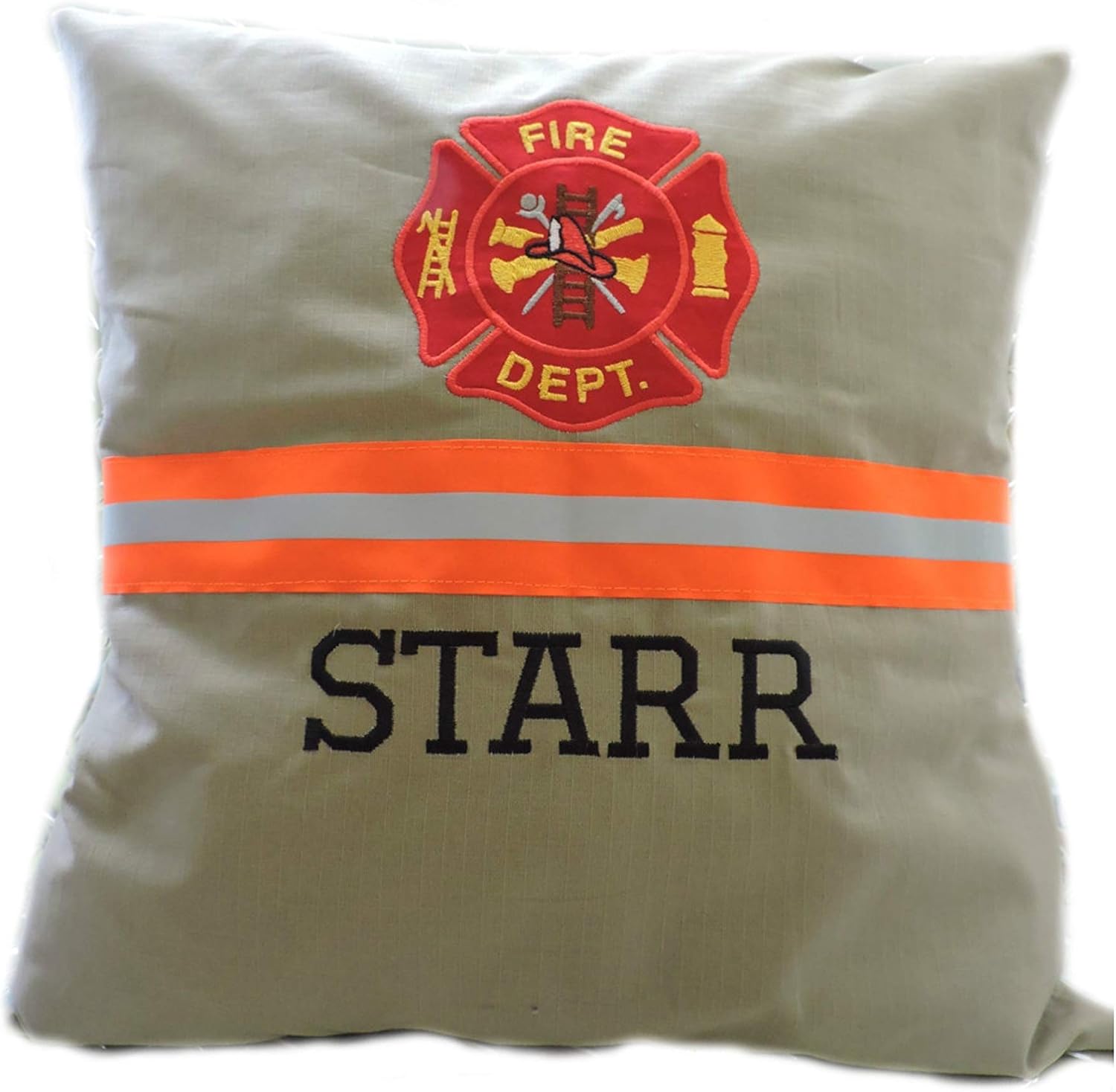 Firefighter Embroidered Pillow Cover with Maltese Cross, Option to Personalize with Embroidered Name, Bunker Gear Look