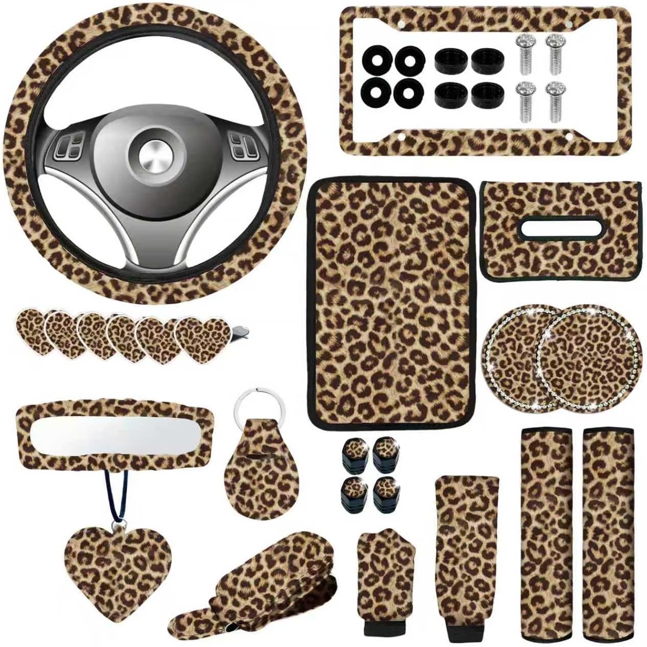 24 Pcs Leopard Print Car Accessories,Including License Plate Frame,Rearview Mirror Decoration,Etc,Suitable for Sedan,SUV and Other,Cute Car Interior Set for Women (Pink)