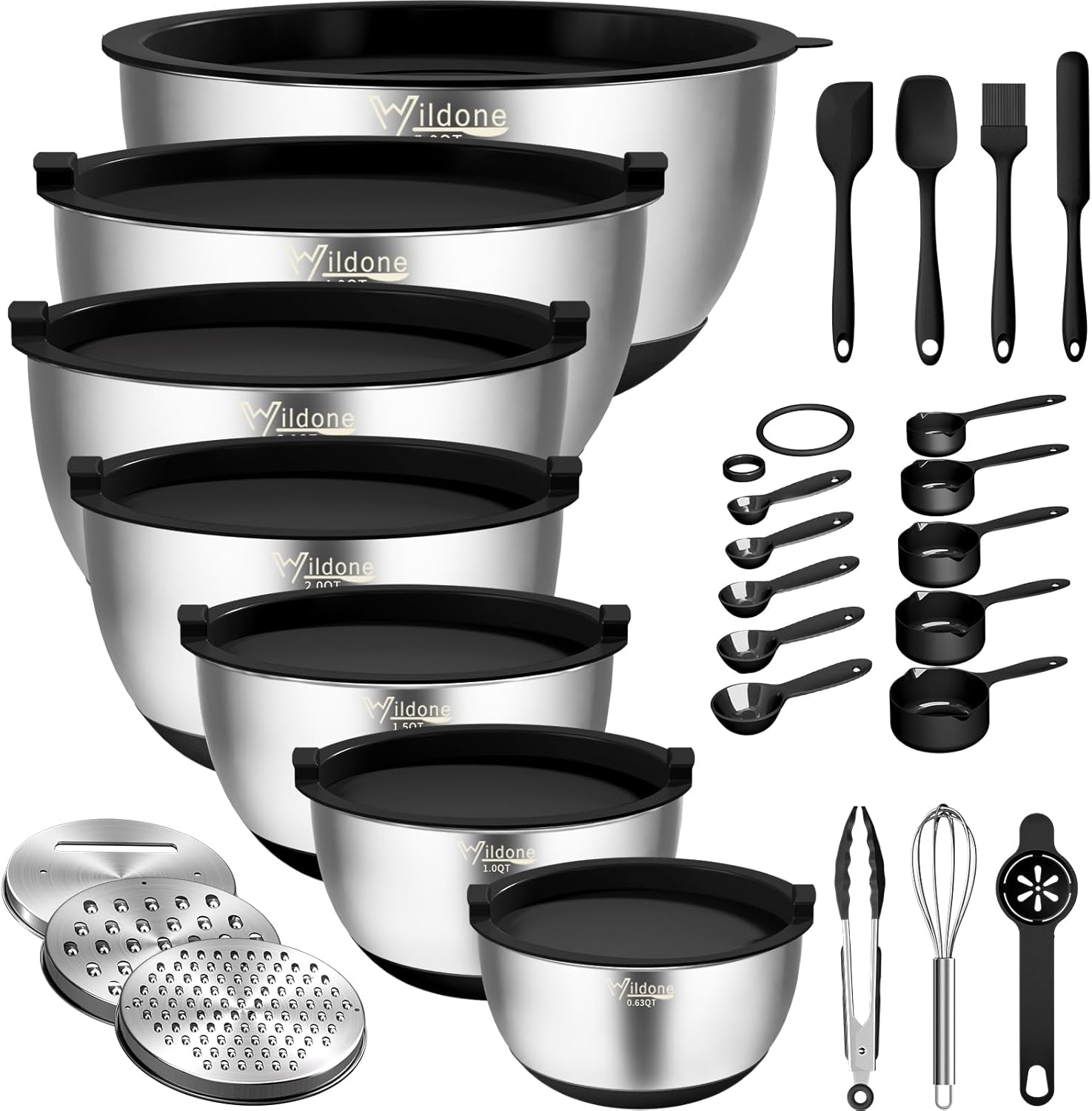 Wildone Mixing Bowls with Airtight Lids, 22 PCS Stainless Steel Nesting Bowls, with 3 Grater Attachments, Scale Marks & Non-Slip Bottom, Size 5, 4, 3, 2,1.5, 0.63QT, Ideal for Mixing & Prepping - Thumbnail 4