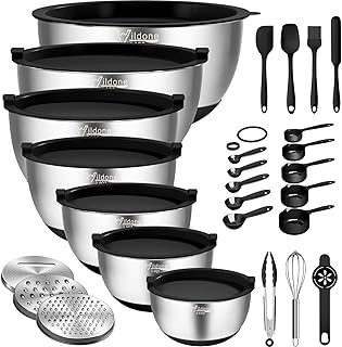 Wildone Mixing Bowls with Airtight Lids, 27 PCS Stainless Steel Nesting Bowls, with 3 Grater Attachments, Scale Mark & No...