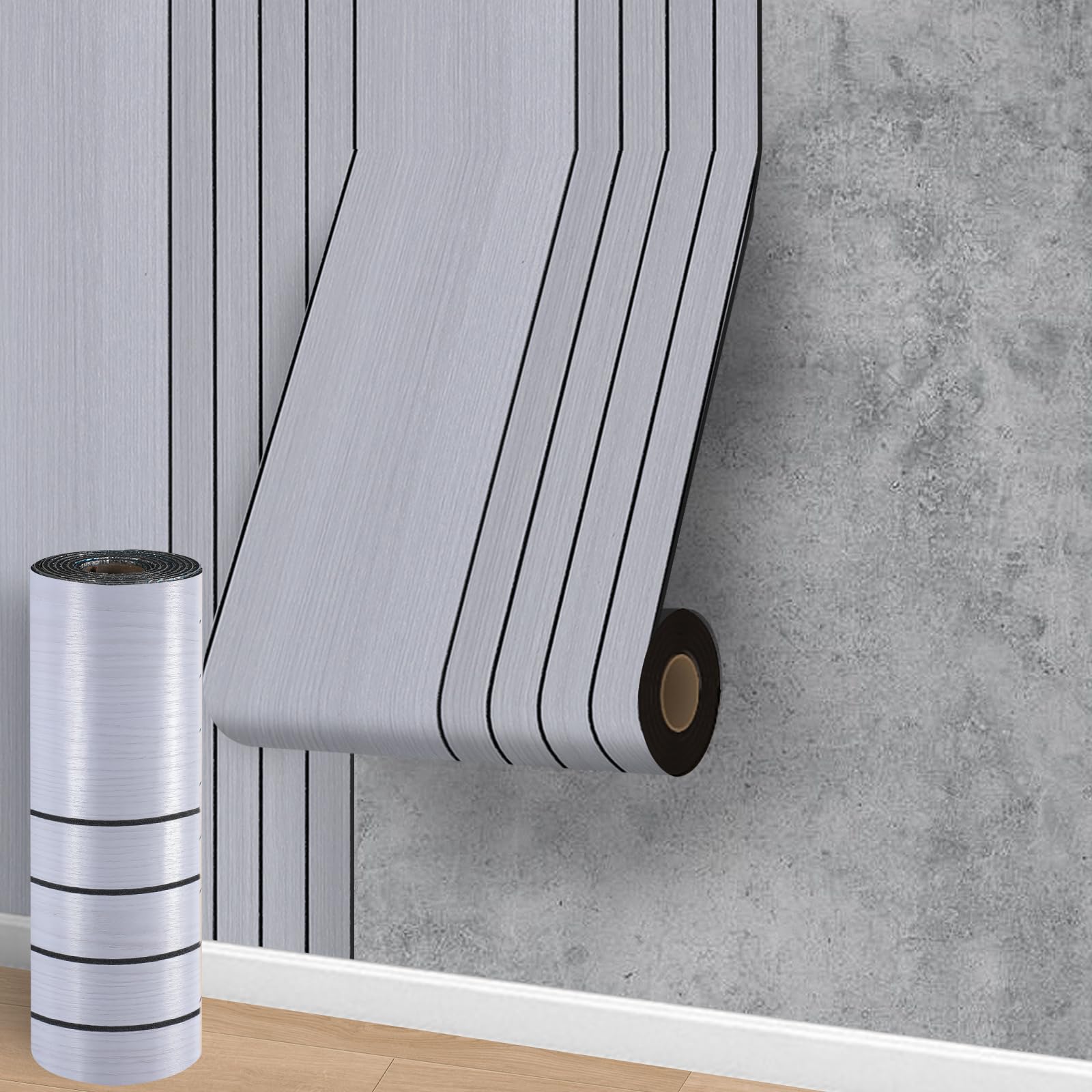 Cathpetic Grey Wood Slats Wallpaper Self Adhesive 3x0.4m,Peel and Stick Wall Panels 3D Wood Effect Wallpaper 3mm Thick Insulation Wood Wall Panelling for Kitchen Bathroom Living Room Bedroom