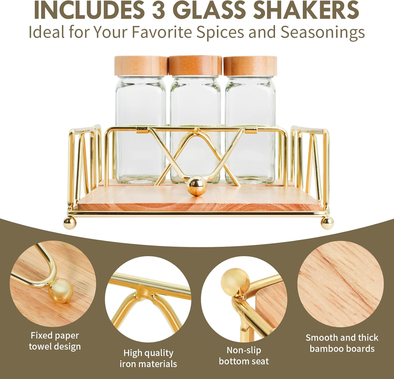 4 Piece Set Metal Napkin Holder with Salt and Pepper Shakers,Wooden Base,Modern Flat Gold Napkin Holder for Table,for Kitchen Table Decor,Cocktail,Bathroom,Party(Gold)