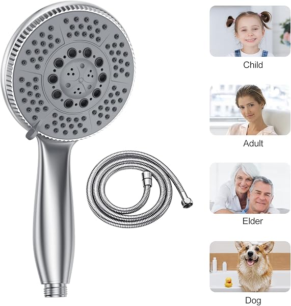 Vinabo Pommeau de Douche avec 1,5m Tuyau - Douchette Tête Réglable à Haute Pression - ABS Chromé - Poignée Ergonomique et Buse en Silicone Auto-nettoyante - Pommeau Douche Grande - 5