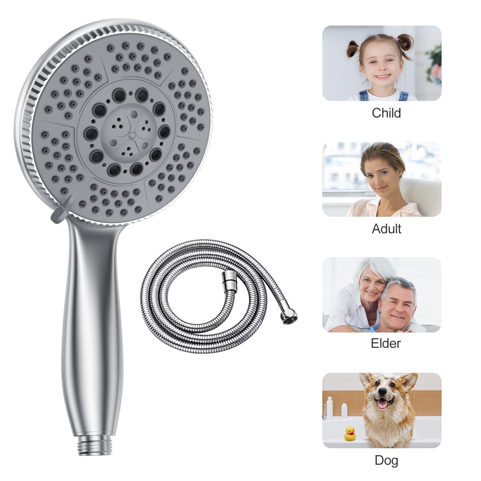 Vinabo Alcachofa de ducha con Manguera 1,5 m, Ahorro de Agua cabezal de ducha con 5 modos, Antical Alcachofa Ducha, ABS cromado, alcachofa con boquilla para limpiar baños, paredes Alicatadas