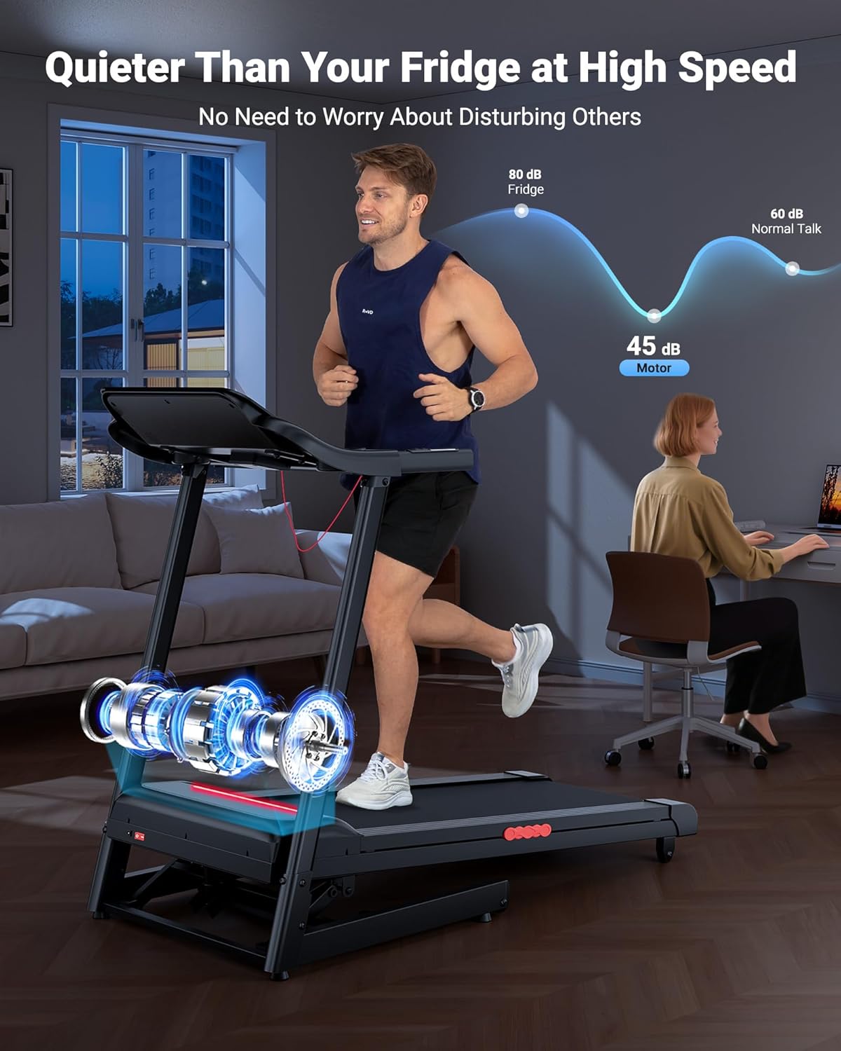 A man running on the THERUN treadmill, with an overlay graphic illustrating the quiet operation of the motor at 45 dB, compared to a fridge at 80 dB and normal talk at 60 dB.