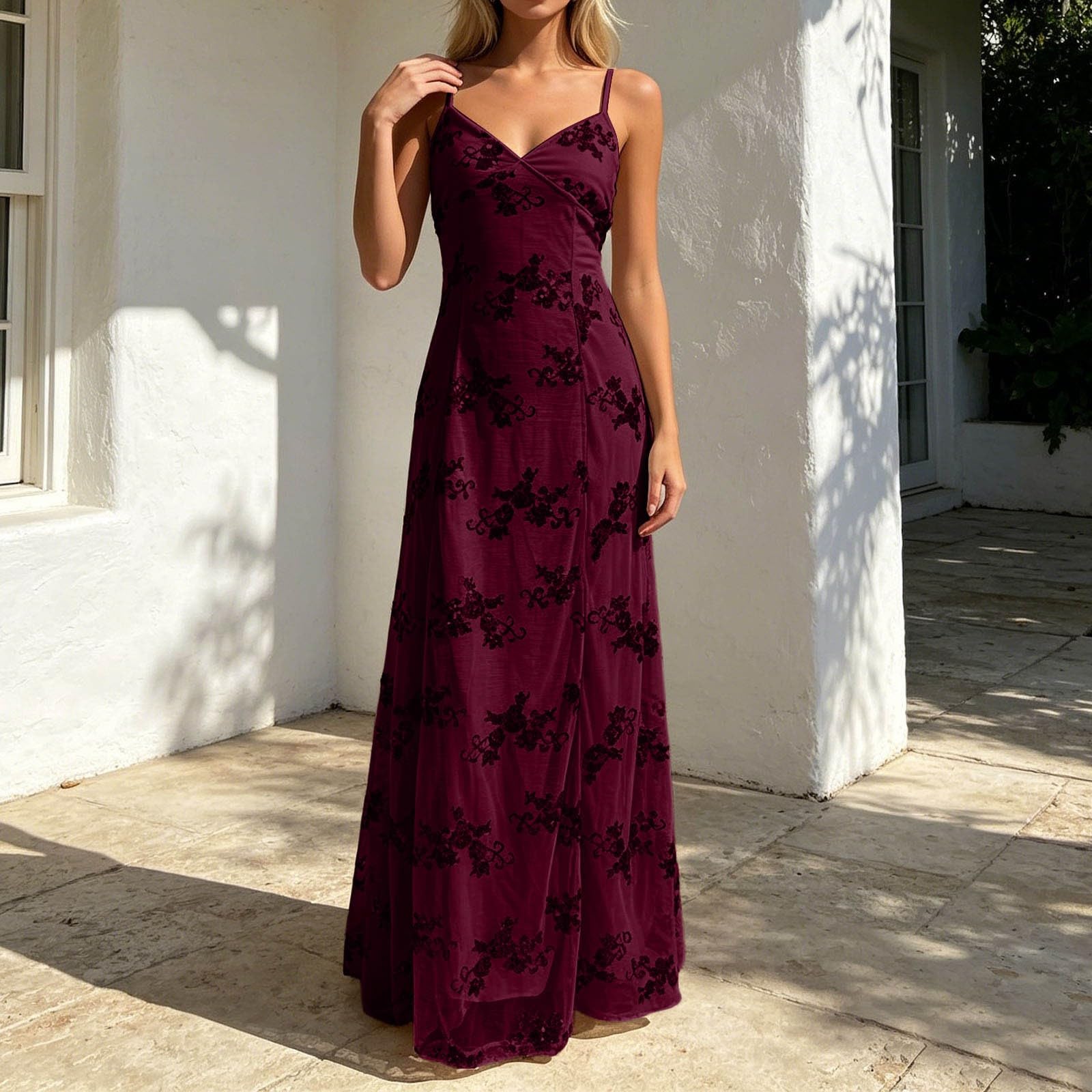 Robe Dos Nu Femme Boheme Robe Longue sans Manches Chic Et Elegant Imprimé Sexy Col V De Soiree Dress Léger Décontracté Grande Taille Plage Ete Dresses pour Cocktail Base