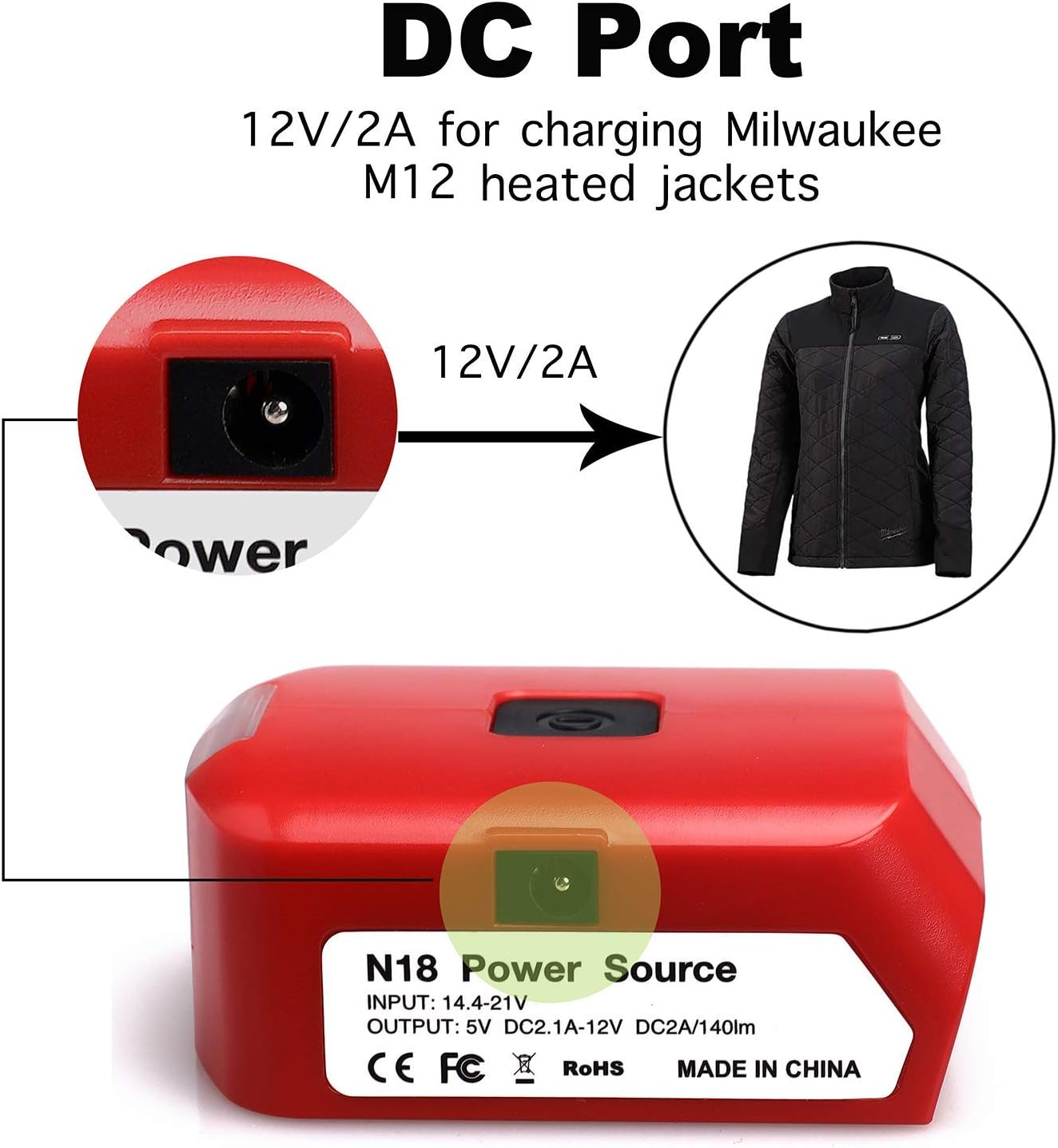 Lilocaja M18 Power Source Replacement for Milwaukee USB Charger Adapter 49-24-2371, with USB-C & USB Port & LED Work Light & DC Port, Compatible with Milwaukee M18 18V Li-ion Battery