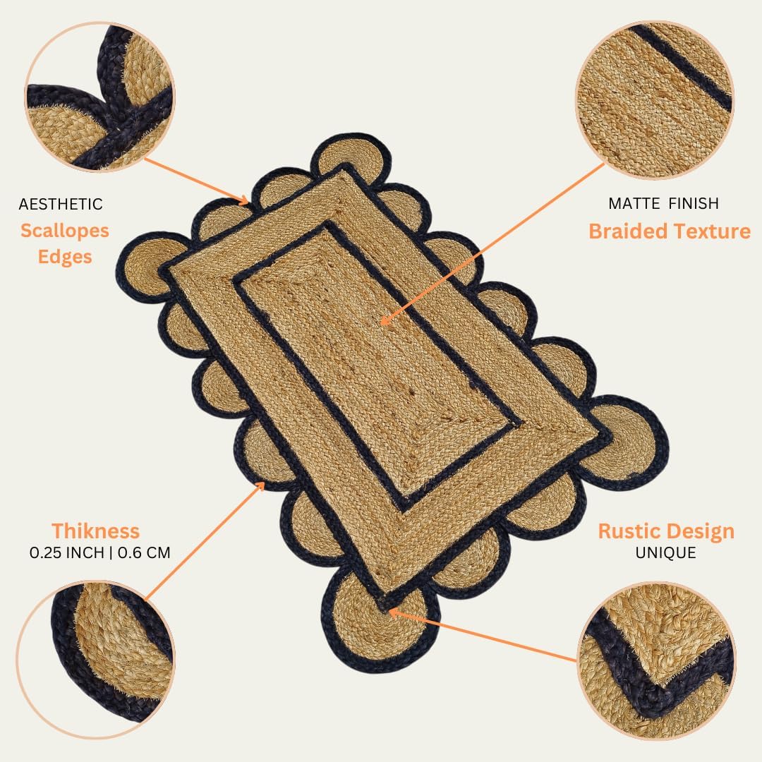 knight fury Scalloped Natural Jute Area Rug, Double Border Trim, Hand Woven Classic Rug Kitchen Rugs, Rugs for Living & Bedroom (Black, 2x3 feet)