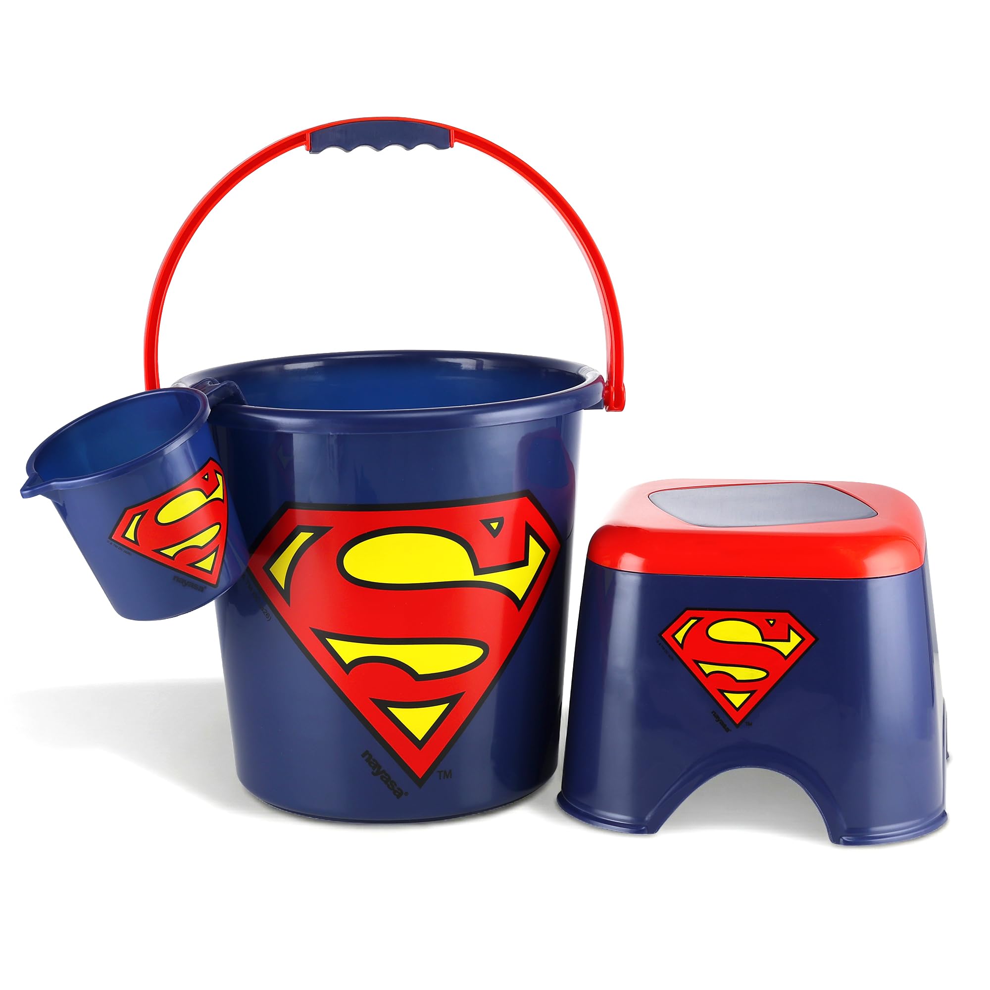 Nayasa Kids Bathroom Superman Set of 3 | Bucket, Mug and Stool Combo | Durable Plastic Bath Set | Lightweight & Easy to Use | Blue-image-34