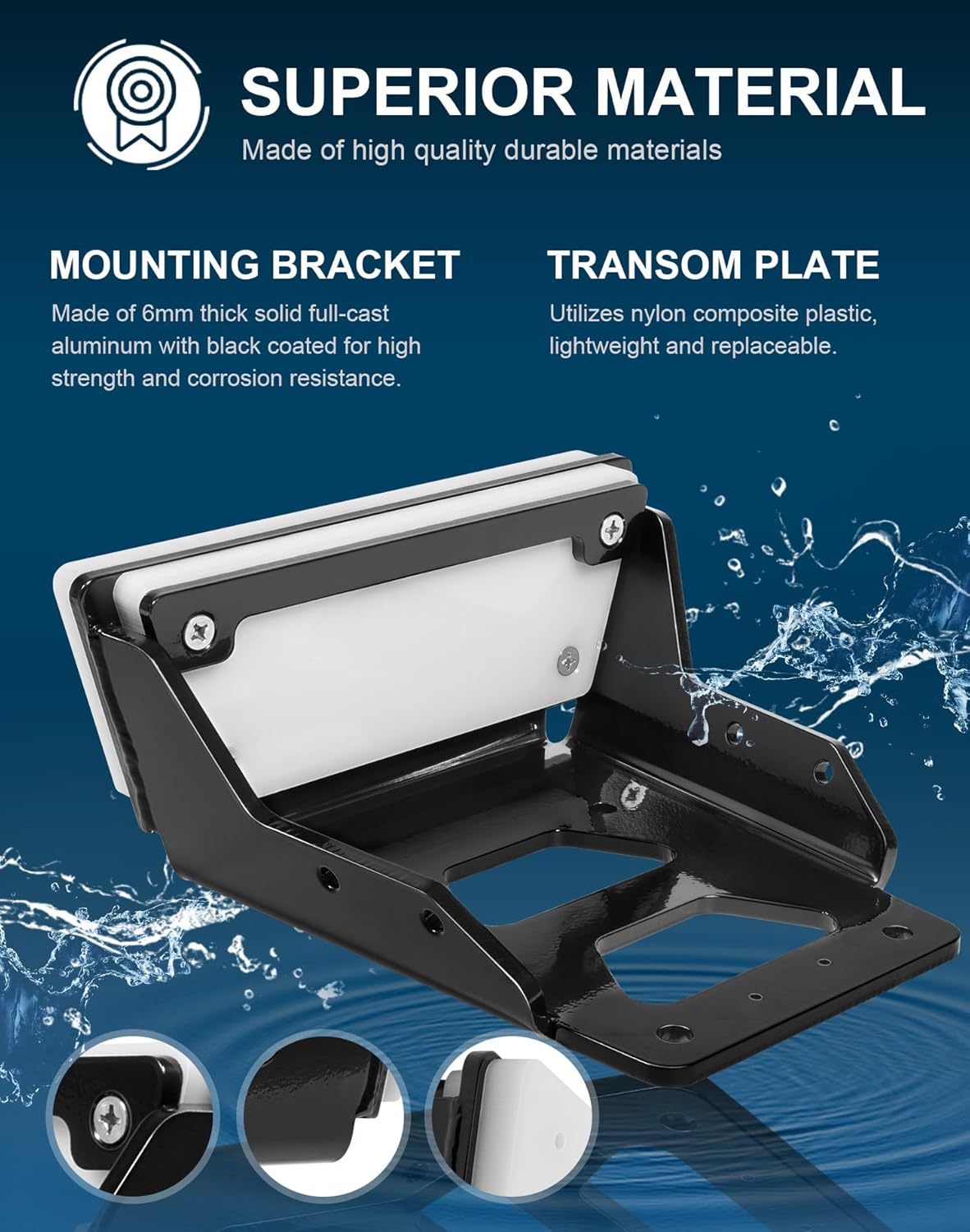 Kayak Trolling Motor Transom Mount, 6mm Thick Cast Aluminum Body, for Clamp-on Electric Trolling Motors, 3HP Max Thrust, 3.75" x 4.75" Bolt Pattern, Freshwater and Saltwater Compatible (Black)