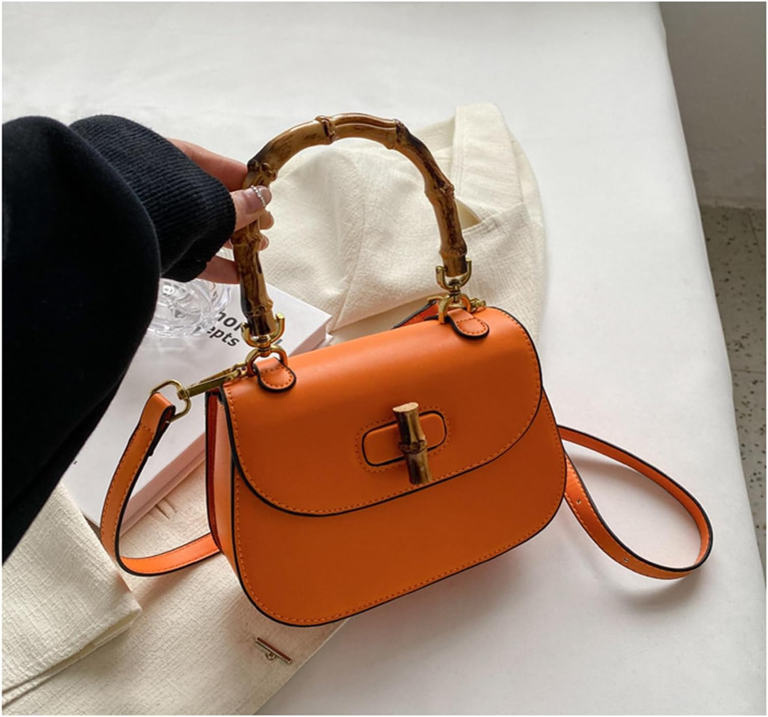 Women's Leather Tote Handbags,Bamboo Shaped Top Handle Satchel Crossbody Bag Vintage Shoulder Bag